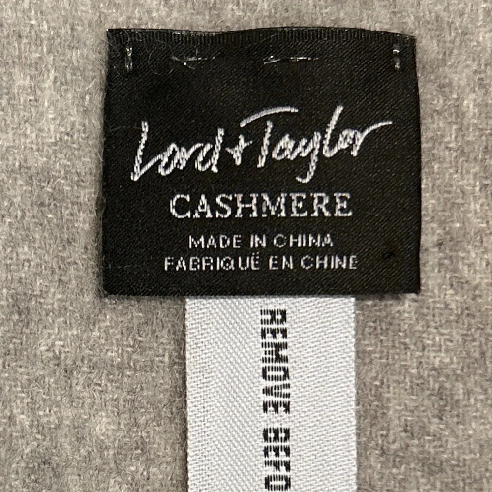 Lord & Taylor Giant Check Cashmere  Scarf Gray‎ Black Blue Plaid Fringe Winter